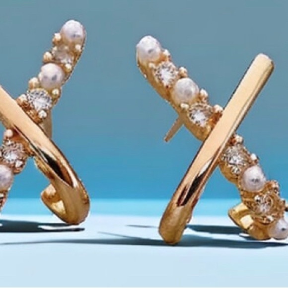 Gold Plated Cross Shaped Pearl and Zircon Stud Earrings - Picture 9 of 9